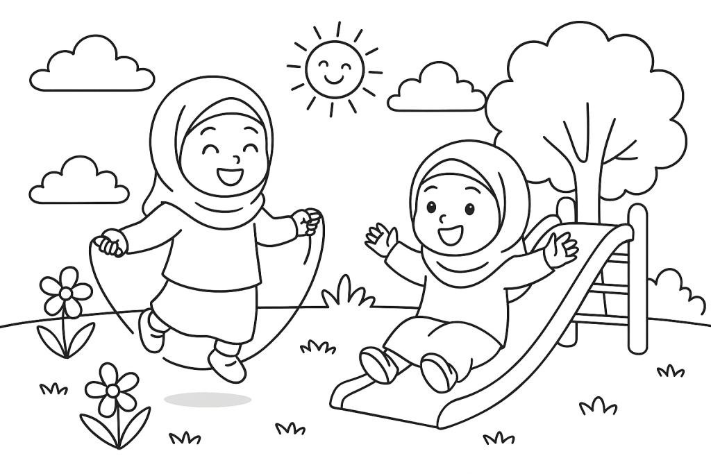 Coloring Muslimah Kids, Playing in Play Grounnd, 